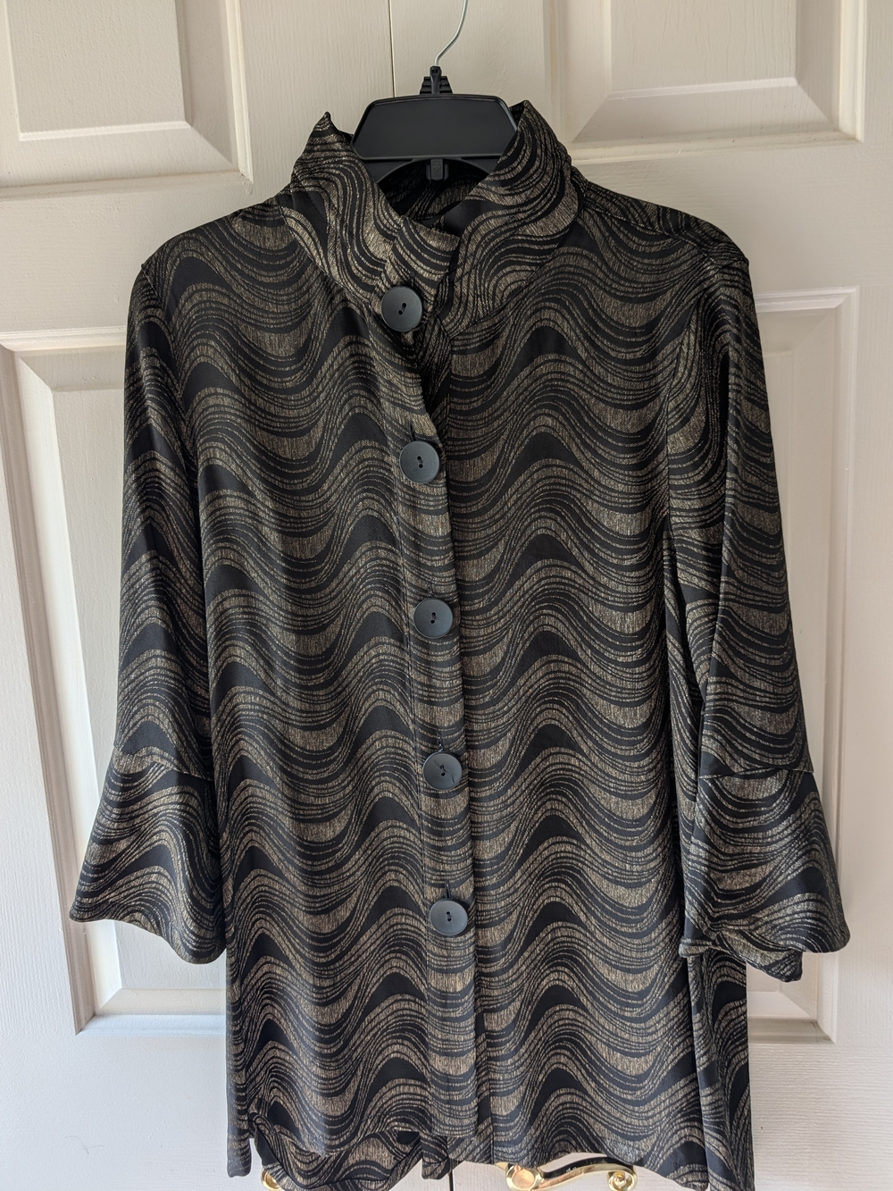 Ali Miles Abstract Wave Print Metallic Boho Bell Sleeves Jacket Blouse Medium